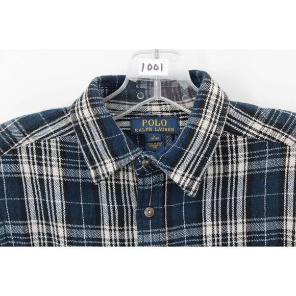 Polo Ralph Lauren Boy's Button Up Shirt  Plaid  Large 14-16 Medium Weight Blue - Picture 2 of 9